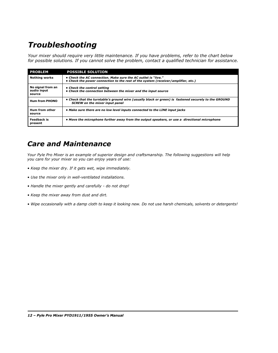 Troubleshooting, Care and maintenance | PYLE Audio PYD1955 User Manual | Page 14 / 16
