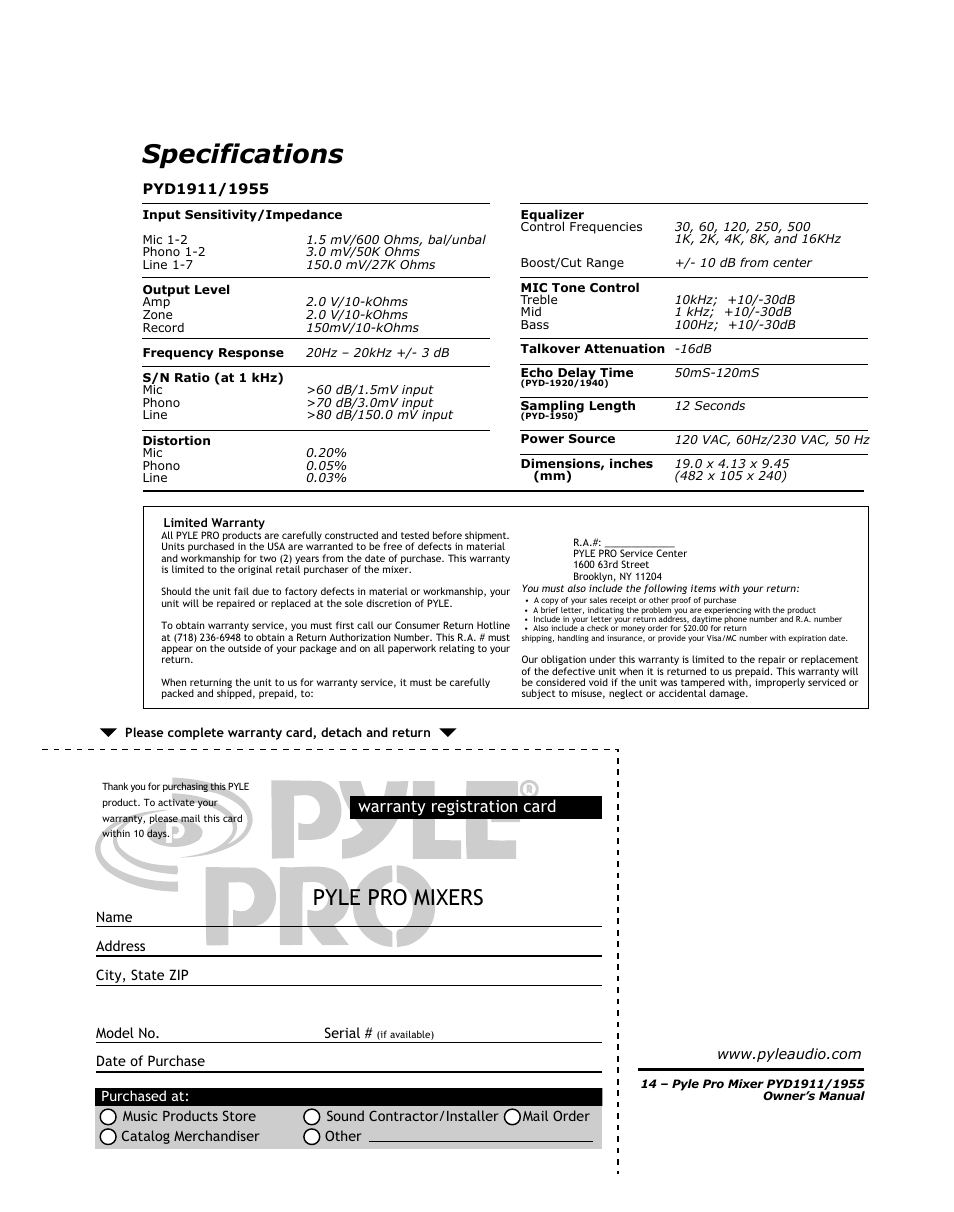 Specifications, Pyle pro mixers, Warranty registration card | PYLE Audio PYD1955 User Manual | Page 16 / 16