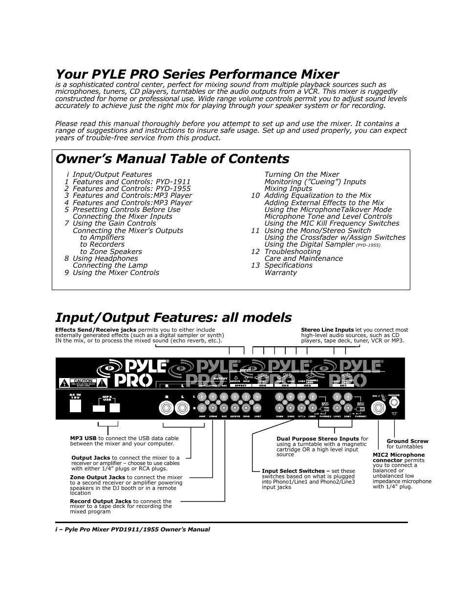 Your pyle pro series performance mixer, Input/output features: all models, Owner’s manual table of contents | PYLE Audio PYD1955 User Manual | Page 2 / 16
