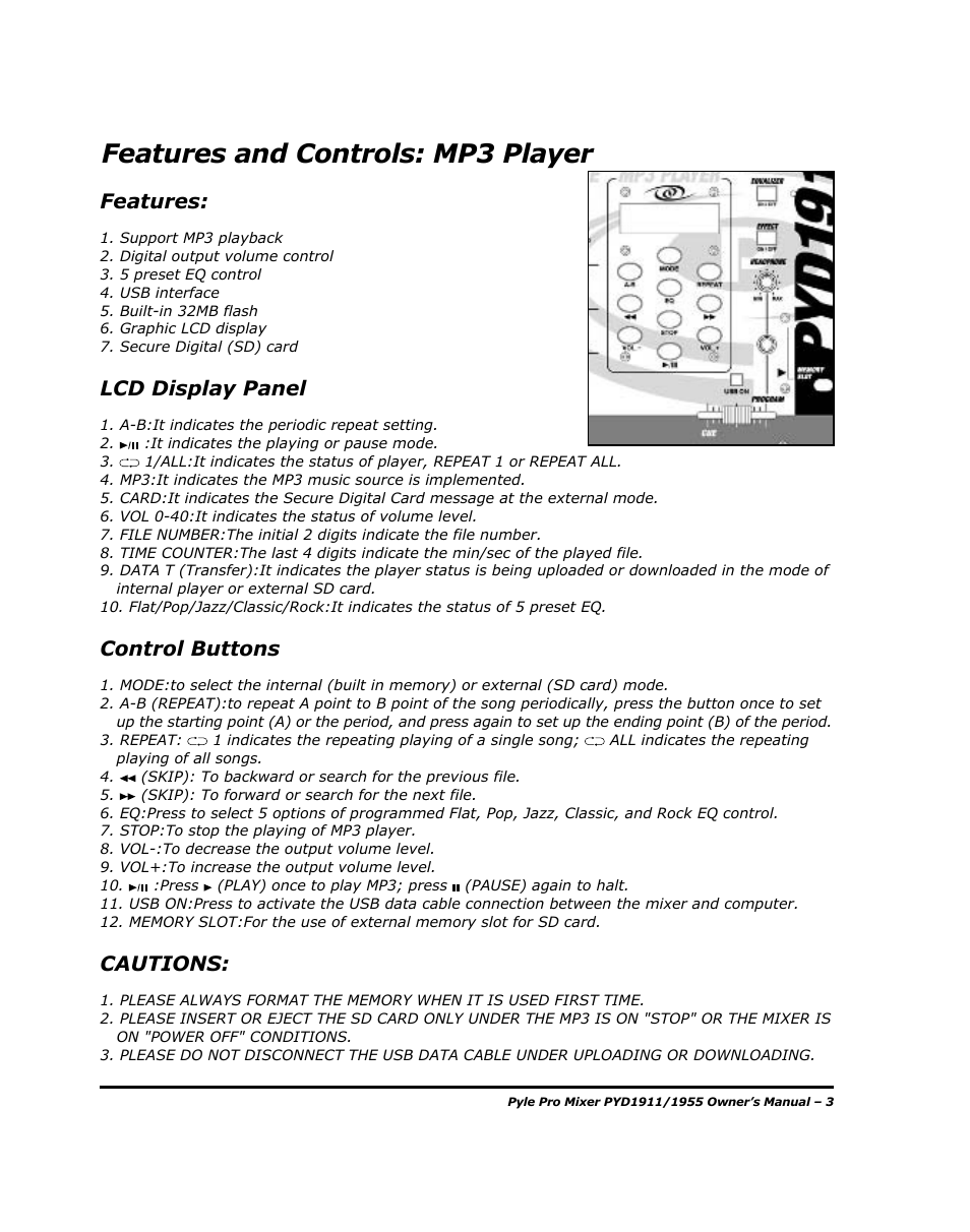 Features and controls: mp3 player, Features, Lcd display panel | Control buttons, Cautions | PYLE Audio PYD1955 User Manual | Page 5 / 16