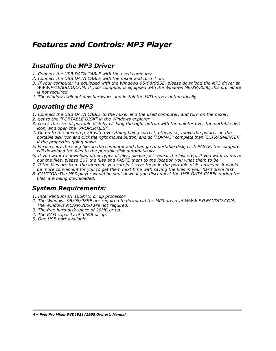 Features and controls: mp3 player, Installing the mp3 driver, Operating the mp3 | System requirements | PYLE Audio PYD1955 User Manual | Page 6 / 16