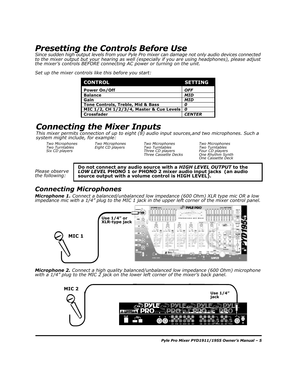 Presetting the controls before use, Connecting the mixer inputs, Connecting microphones | PYLE Audio PYD1955 User Manual | Page 7 / 16