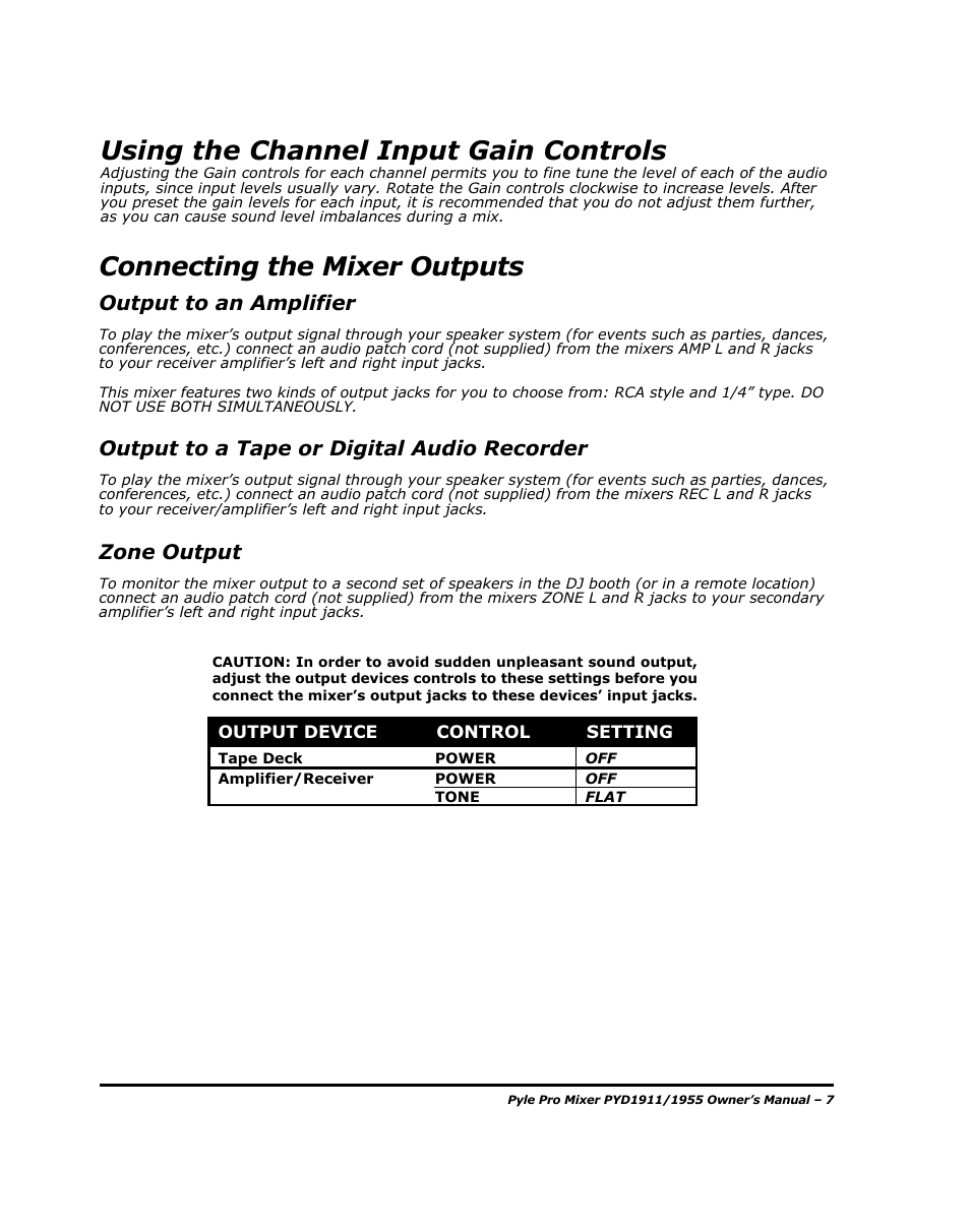 Using the channel input gain controls, Connecting the mixer outputs, Output to an amplifier | Output to a tape or digital audio recorder, Zone output | PYLE Audio PYD1955 User Manual | Page 9 / 16