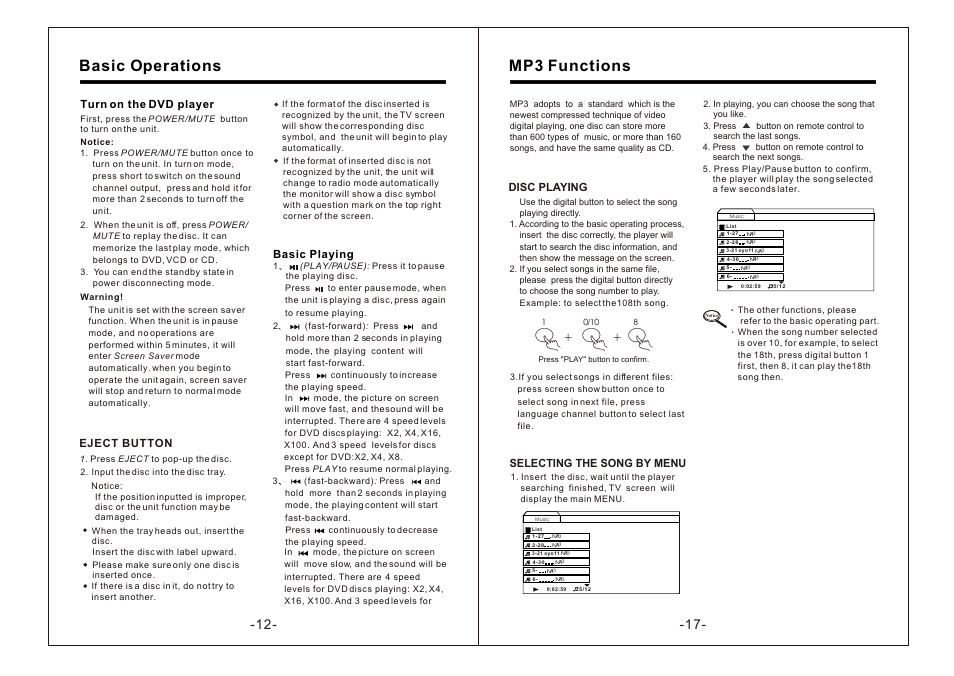 Т³гж 14, Basic operations, Mp3 functions | Turn on the dvd player, Eject button, Basic playing, Disc playing, Selecting the song by menu | PYLE Audio Mobile Audio System PLDTF5M User Manual | Page 14 / 16
