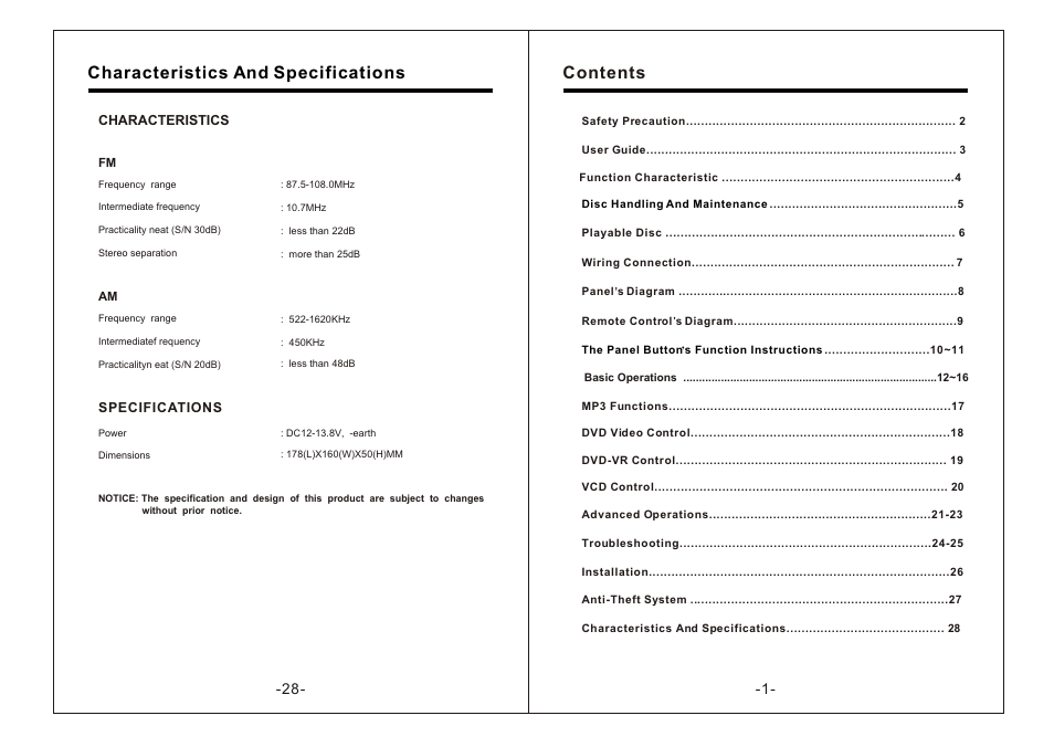 Т³гж 3, Contents characteristics and specifications | PYLE Audio Mobile Audio System PLDTF5M User Manual | Page 3 / 16