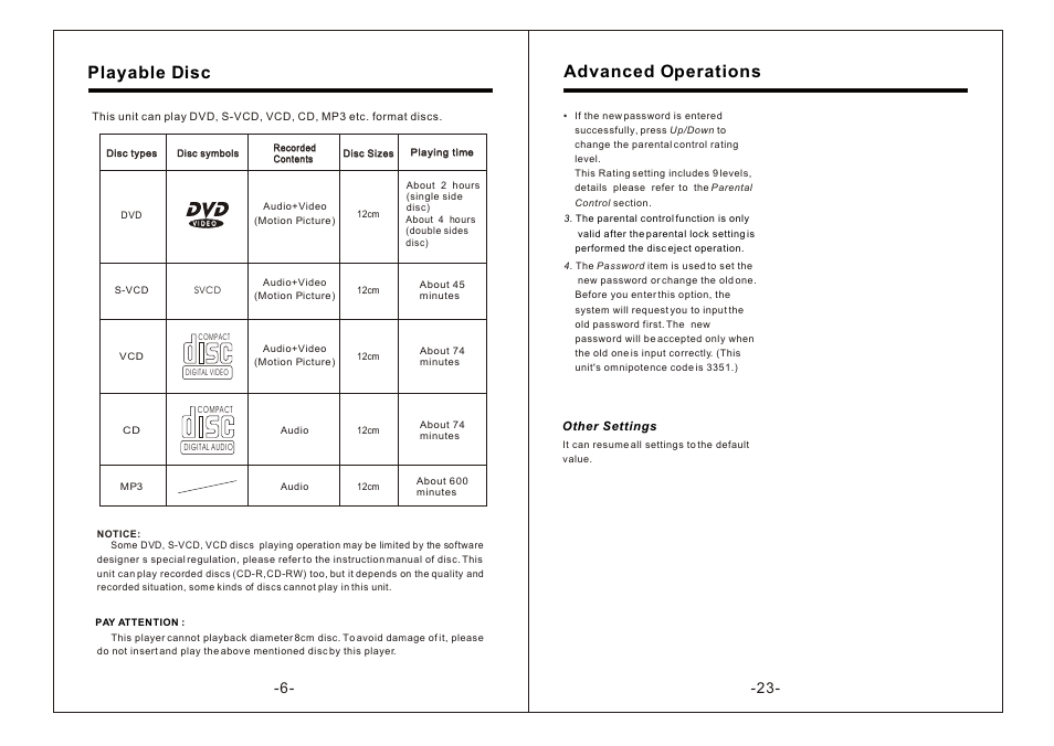 Т³гж 8, Playable disc, Advanced operations | PYLE Audio Mobile Audio System PLDTF5M User Manual | Page 8 / 16