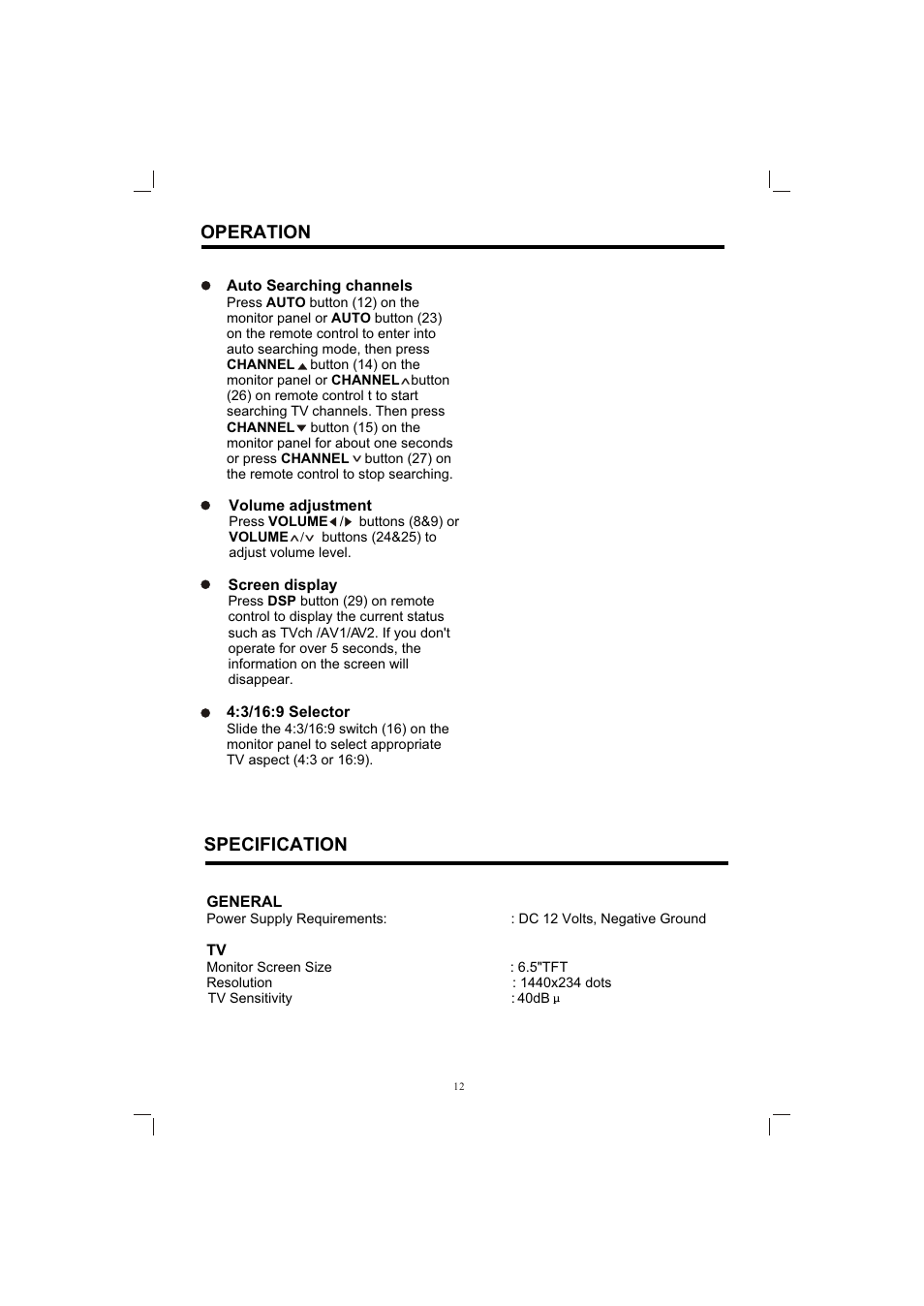 Т³гж 12, Operation, Specification | PYLE Audio PLTV165 User Manual | Page 12 / 13