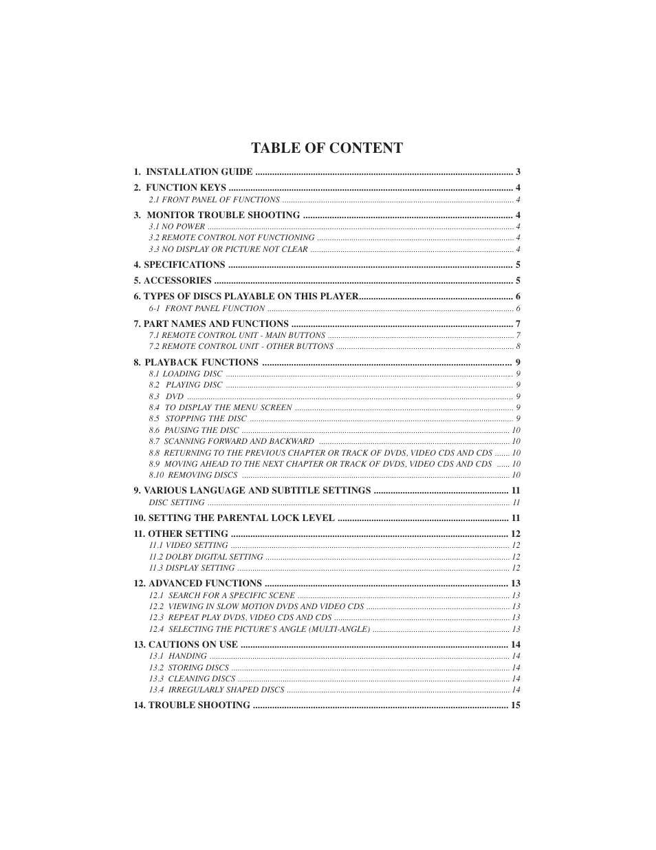 Table of content | PYLE Audio DVD User Manual | Page 2 / 15