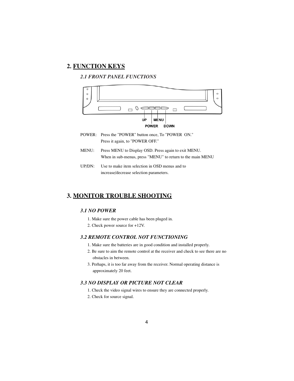 Function keys, Monitor trouble shooting | PYLE Audio DVD User Manual | Page 4 / 15