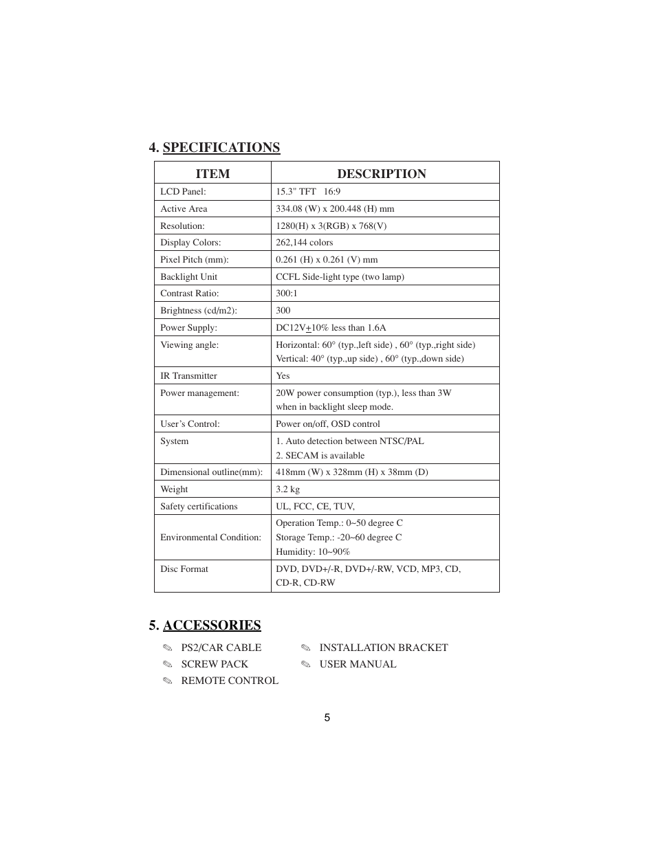 Accessories, Specifications, Item description | PYLE Audio DVD User Manual | Page 5 / 15