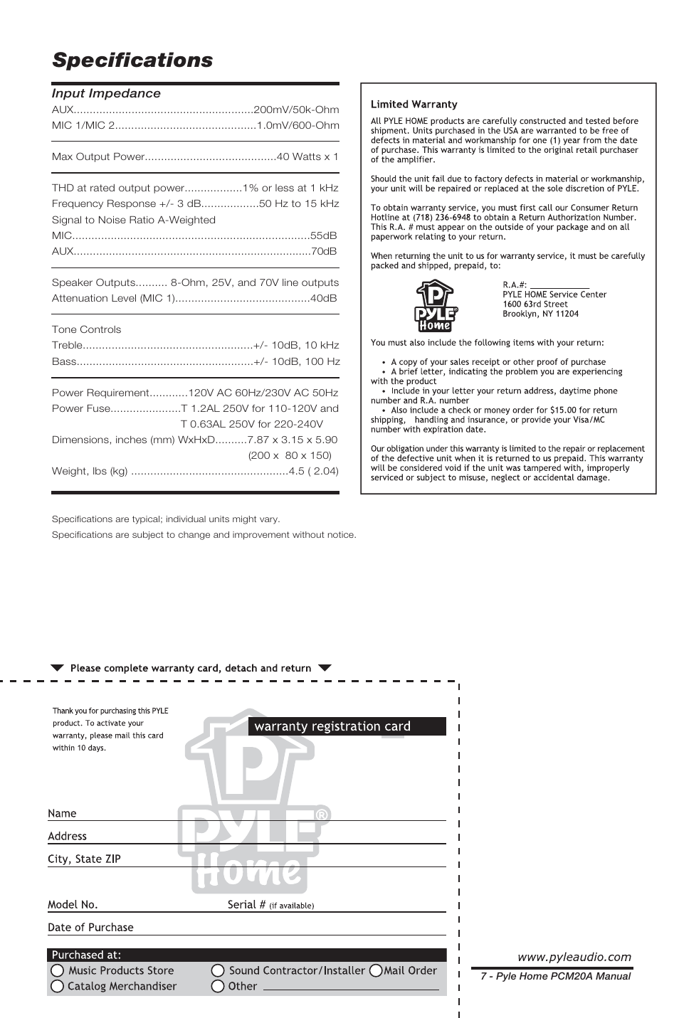 Specifications | PYLE Audio PCM20A User Manual | Page 8 / 8