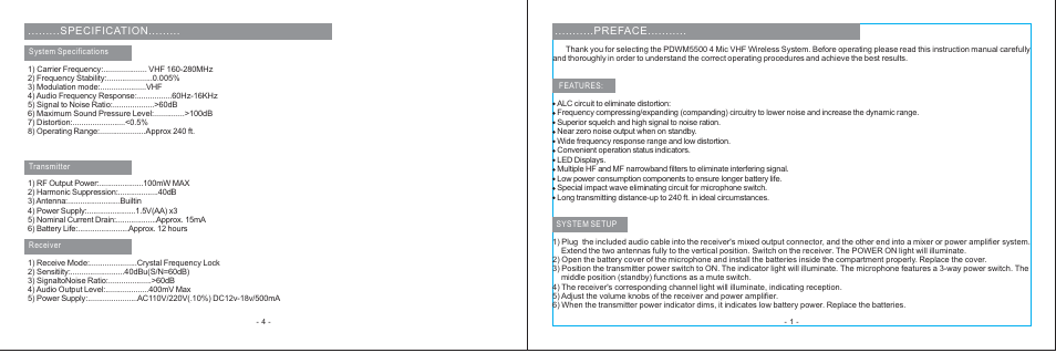 Specification, Preface | PYLE Audio PDWM5500 User Manual | Page 2 / 3
