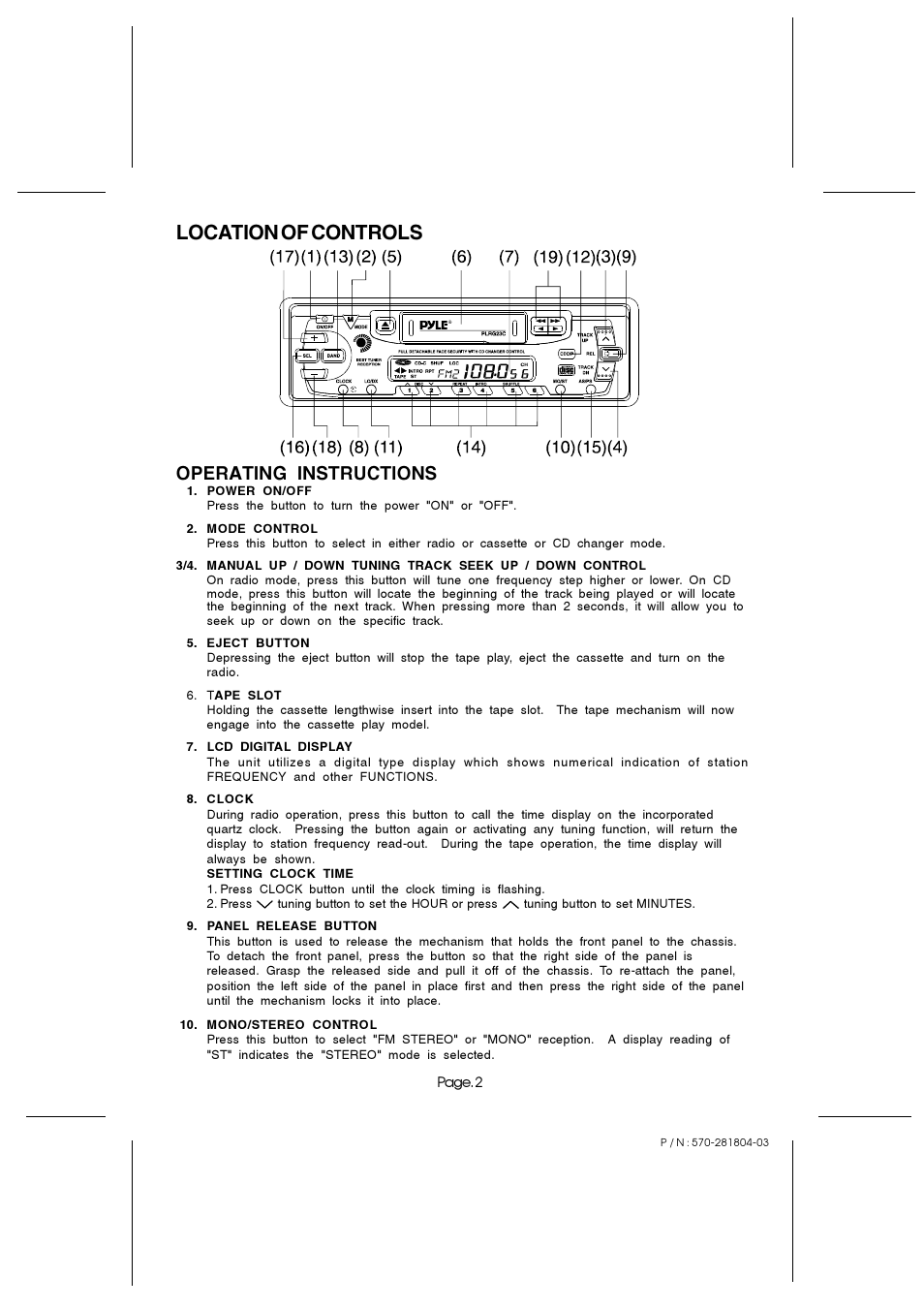 Location of controls, Operating instructions | PYLE Audio PLRG23C User Manual | Page 2 / 4