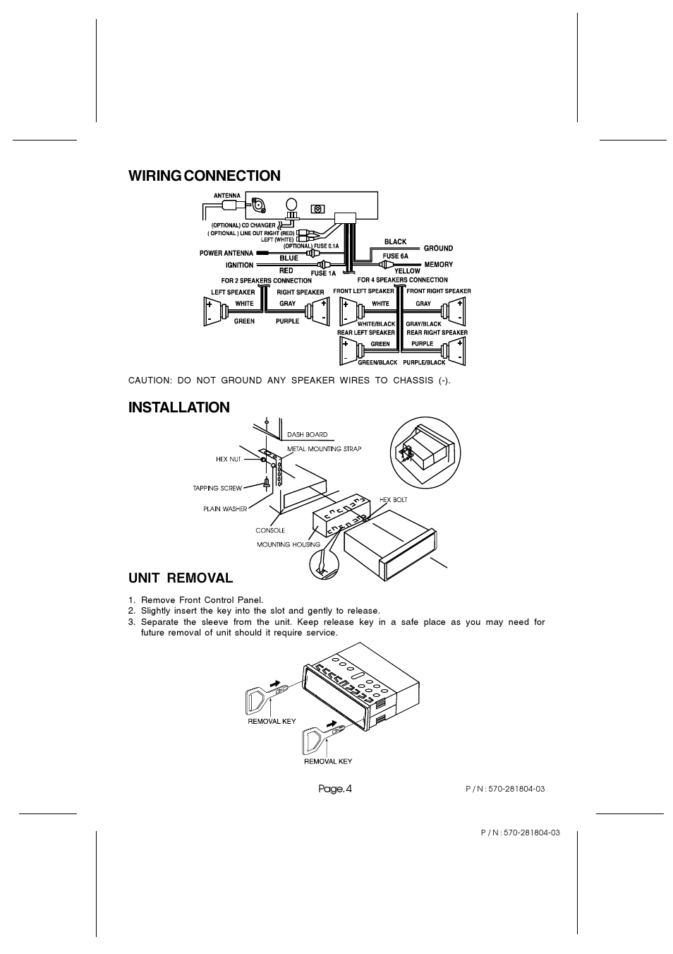 Installation, Wiring connection, Unit removal | PYLE Audio PLRG23C User Manual | Page 4 / 4