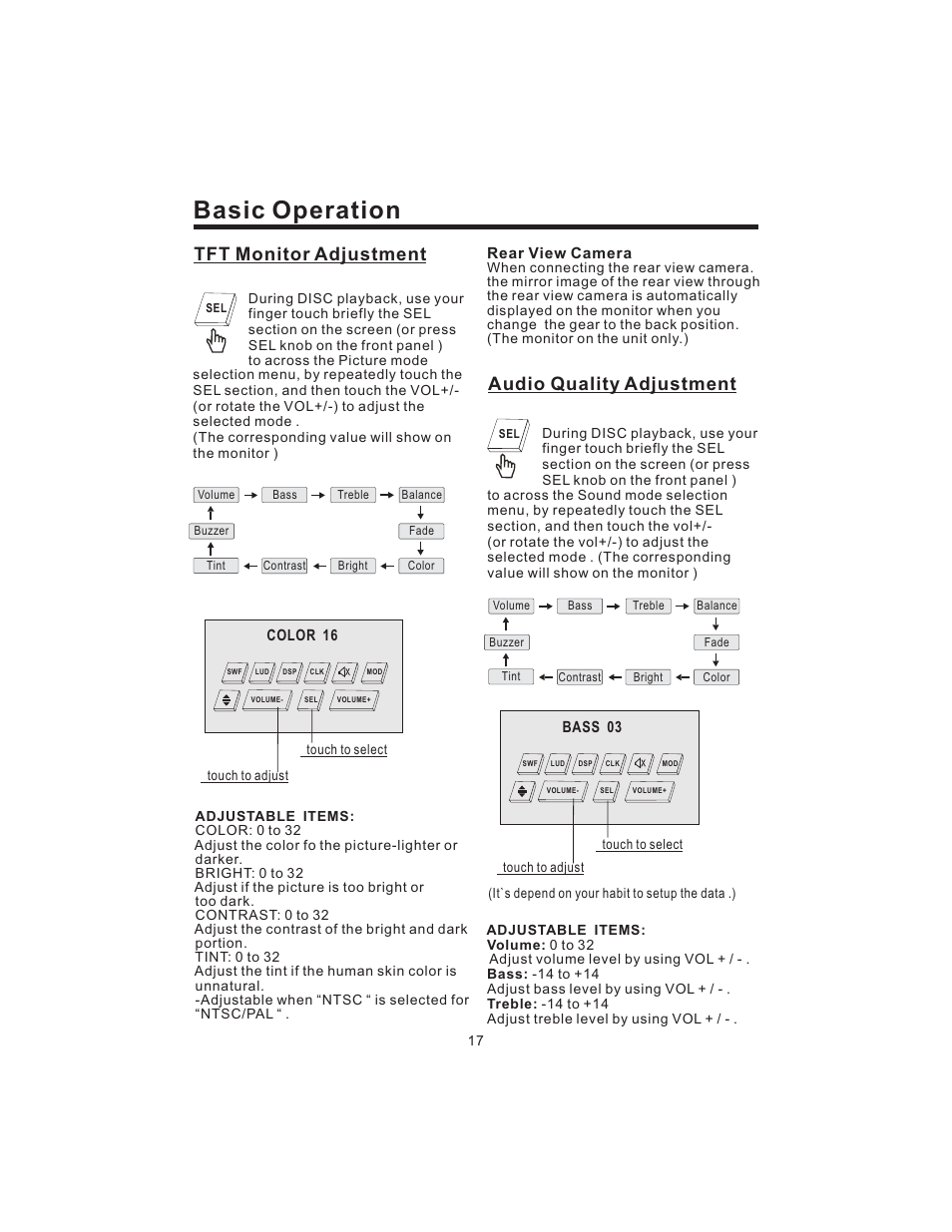 Basic operation, Tft monitor adjustment, Audio quality adjustment | PYLE Audio PLD43MU User Manual | Page 18 / 35