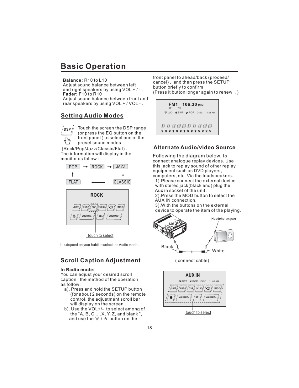 Basic operation, Setting audio modes, Scroll caption adjustment | Alternate audio/video source | PYLE Audio PLD43MU User Manual | Page 19 / 35