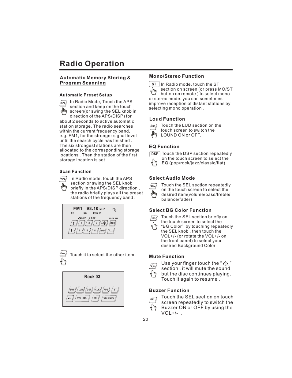 Radio operation, Select audio mode, Select bg color function | Rock 03, Eq function, Mono/stereo function | PYLE Audio PLD43MU User Manual | Page 21 / 35
