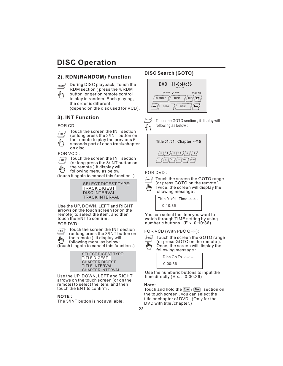 Disc operation, 2). rdm(random) function, 3). int function | Disc search (goto) | PYLE Audio PLD43MU User Manual | Page 24 / 35