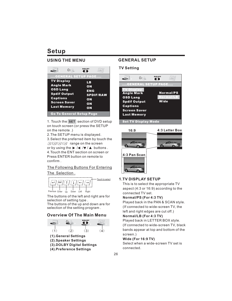 Setup, Using the menu, General setup | Overview of the main menu | PYLE Audio PLD43MU User Manual | Page 27 / 35