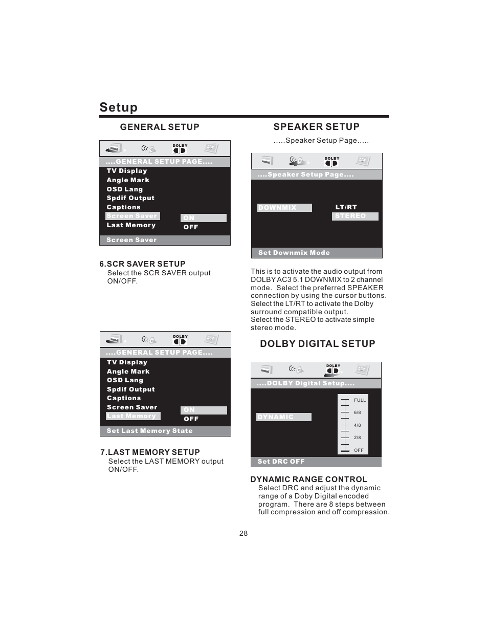 Setup, Speaker setup, Dolby digital setup | General setup | PYLE Audio PLD43MU User Manual | Page 29 / 35