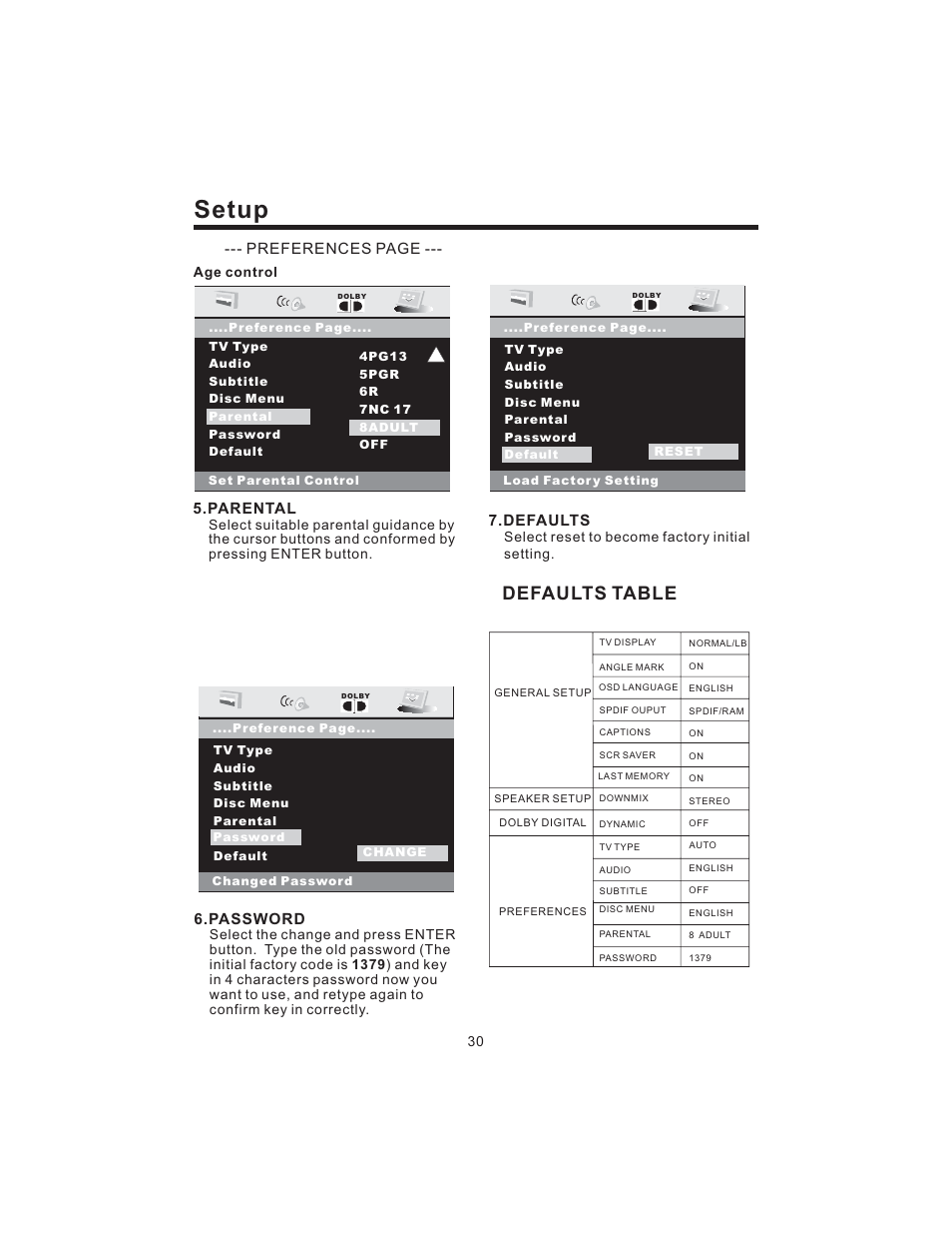 Setup, Defaults table, Parental | Password, Defaults, Preferences page | PYLE Audio PLD43MU User Manual | Page 31 / 35