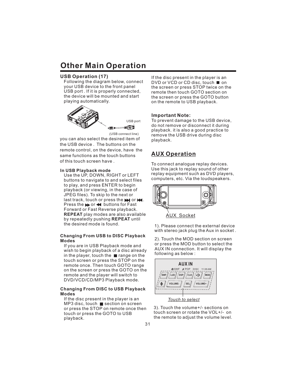 Other main operation, Aux operation | PYLE Audio PLD43MU User Manual | Page 32 / 35