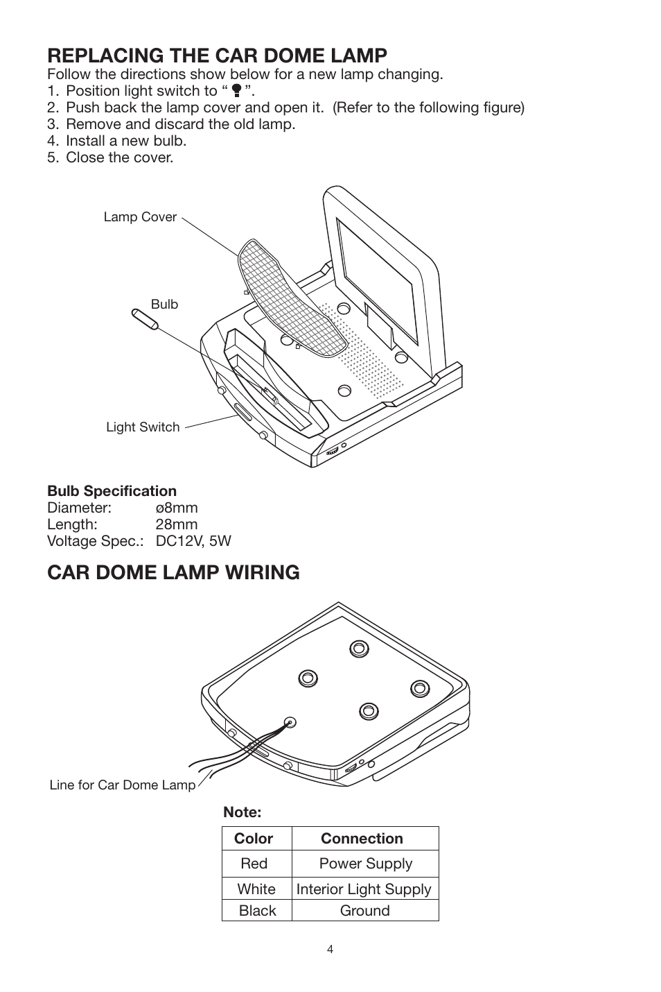 Replacing the car dome lamp, Car dome lamp wiring | PYLE Audio View Series PLVRL6400 User Manual | Page 4 / 8