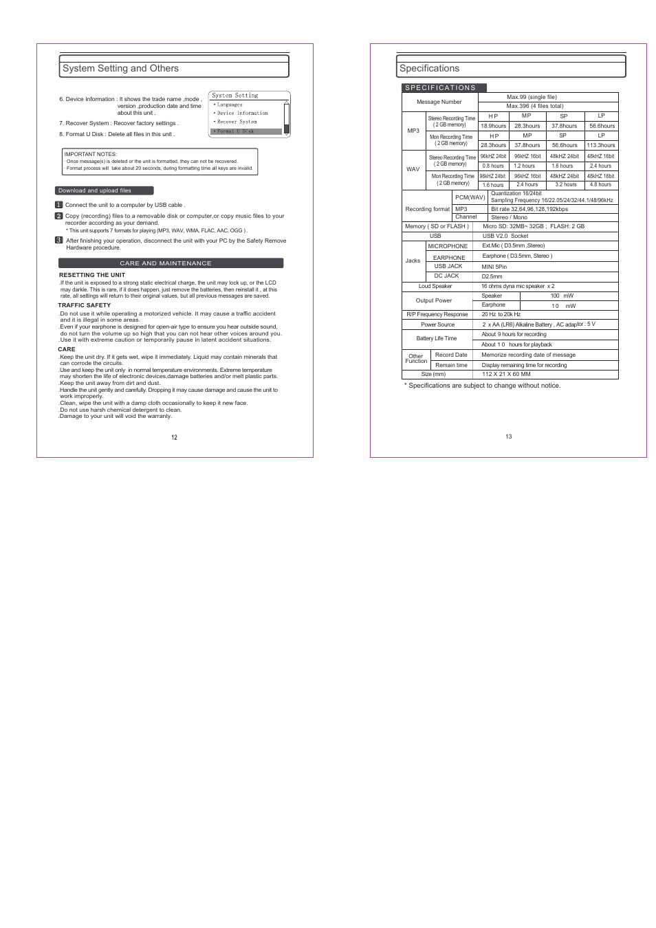 System setting and others, Specifications | PYLE Audio PPR80 User Manual | Page 4 / 4