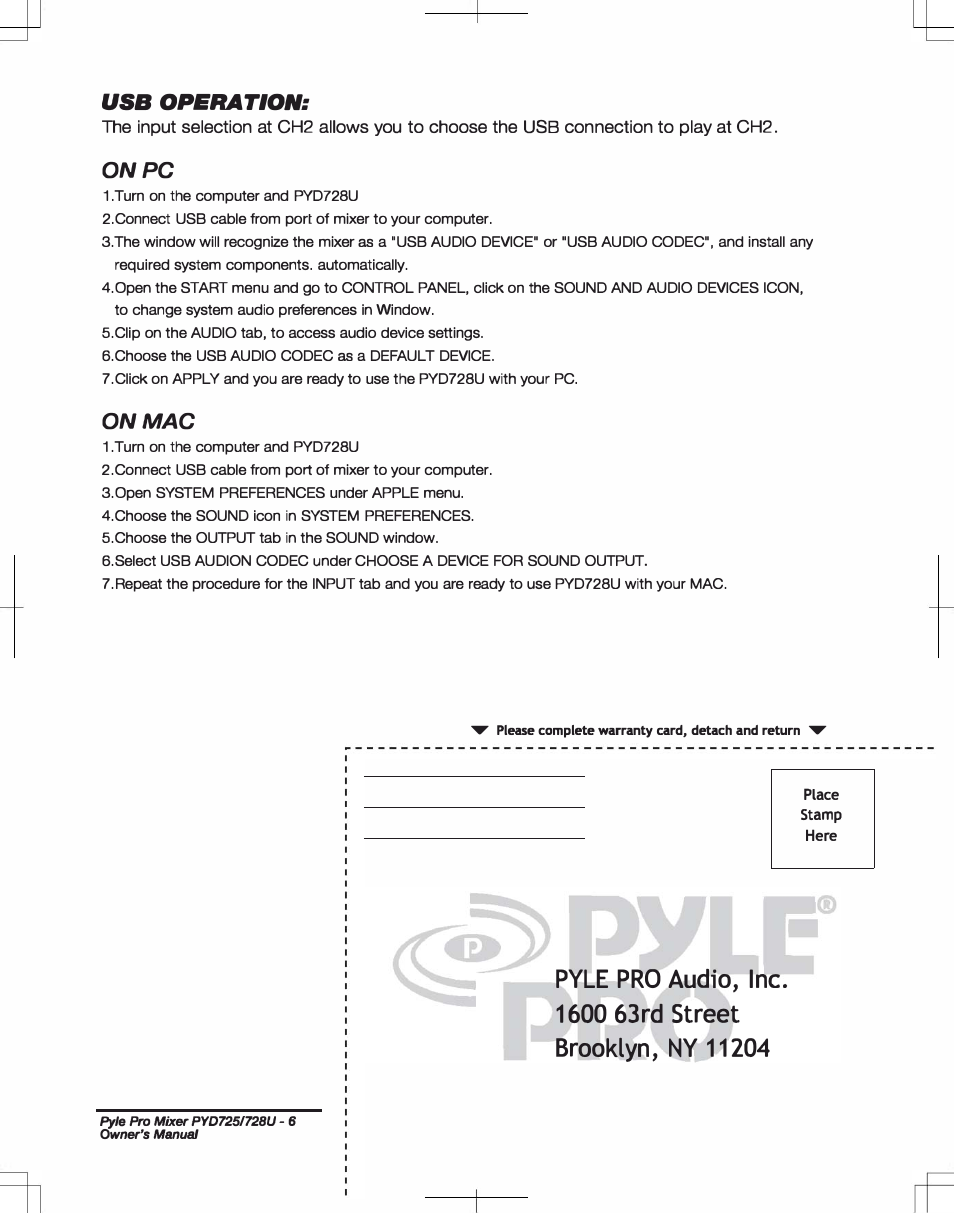 On pc, On mac, Usb operation | PYLE Audio PYD725 User Manual | Page 7 / 8