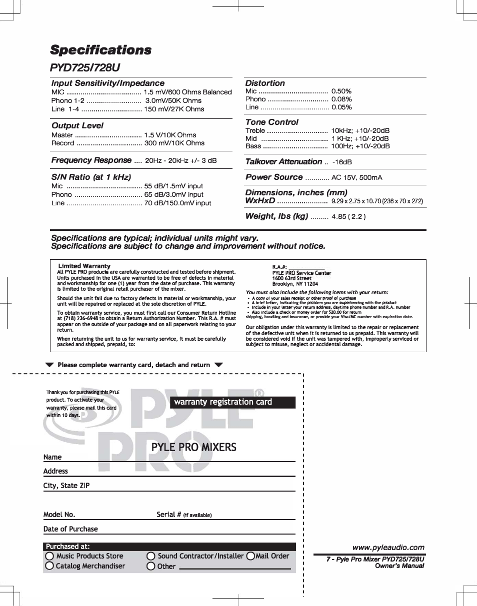 Specifications, Pyle pro mixers, Warranty registration card | PYLE Audio PYD725 User Manual | Page 8 / 8
