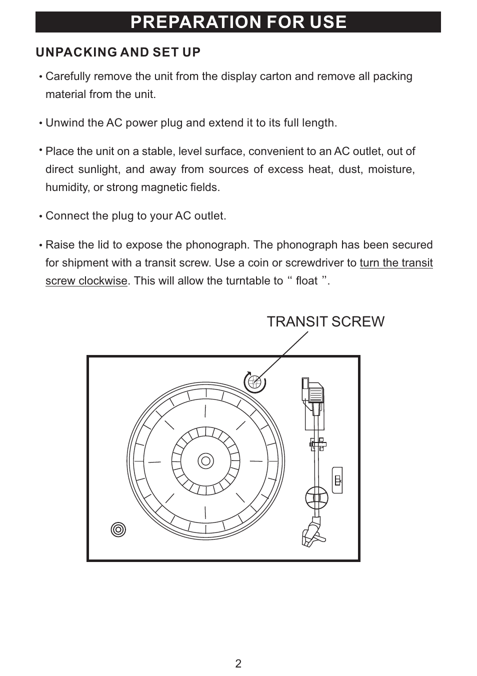 Preparation for use, Transit screw | PYLE Audio PNGTT1 User Manual | Page 3 / 16