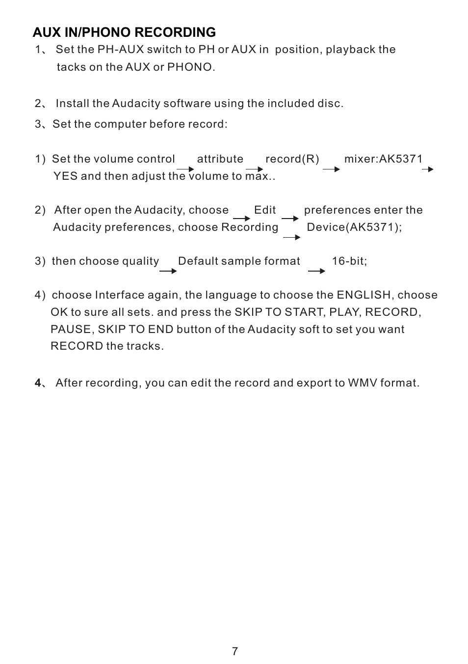 Aux in/phono recording | PYLE Audio PNGTT1 User Manual | Page 8 / 16