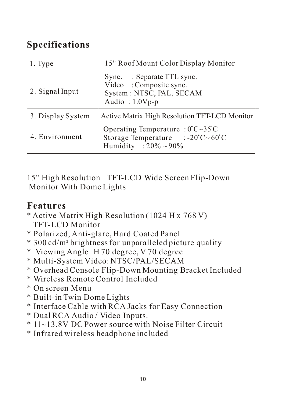 Specifications, Features | PYLE Audio PLVW1550IR User Manual | Page 11 / 11