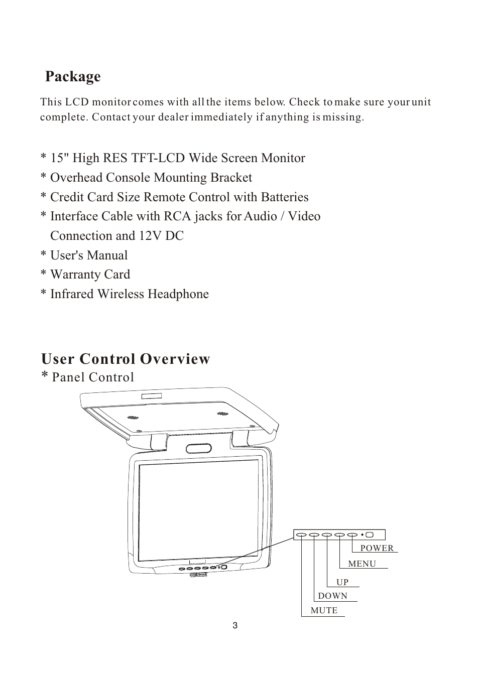 Package, User control overview | PYLE Audio PLVW1550IR User Manual | Page 4 / 11