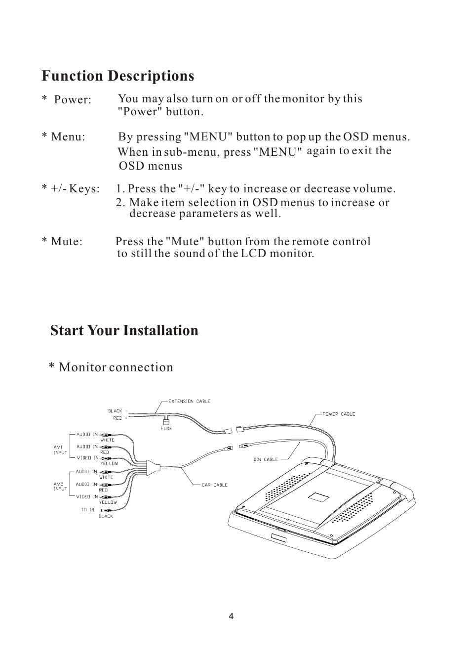 Function descriptions, Start your installation | PYLE Audio PLVW1550IR User Manual | Page 5 / 11