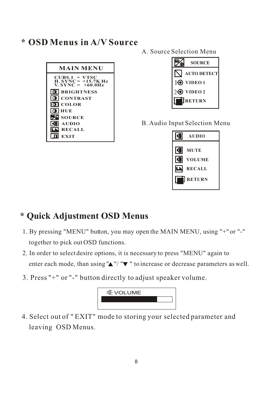 Osd menus in a/v source, Quick adjustment osd menus | PYLE Audio PLVW1550IR User Manual | Page 9 / 11