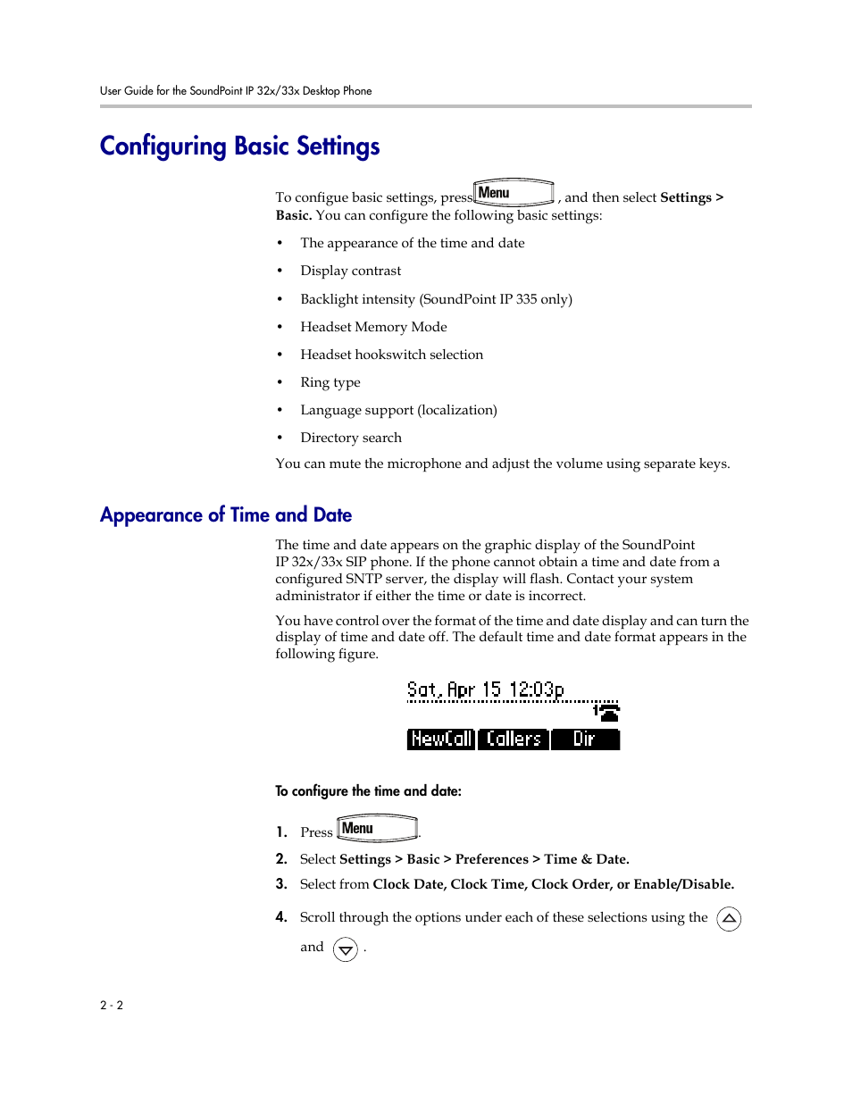 Configuring basic settings, Appearance of time and date, Configuring basic settings –2 | Appearance of time and date –2 | PYLE Audio SOUNDPOINT IP SIP 3.2.1 User Manual | Page 24 / 96