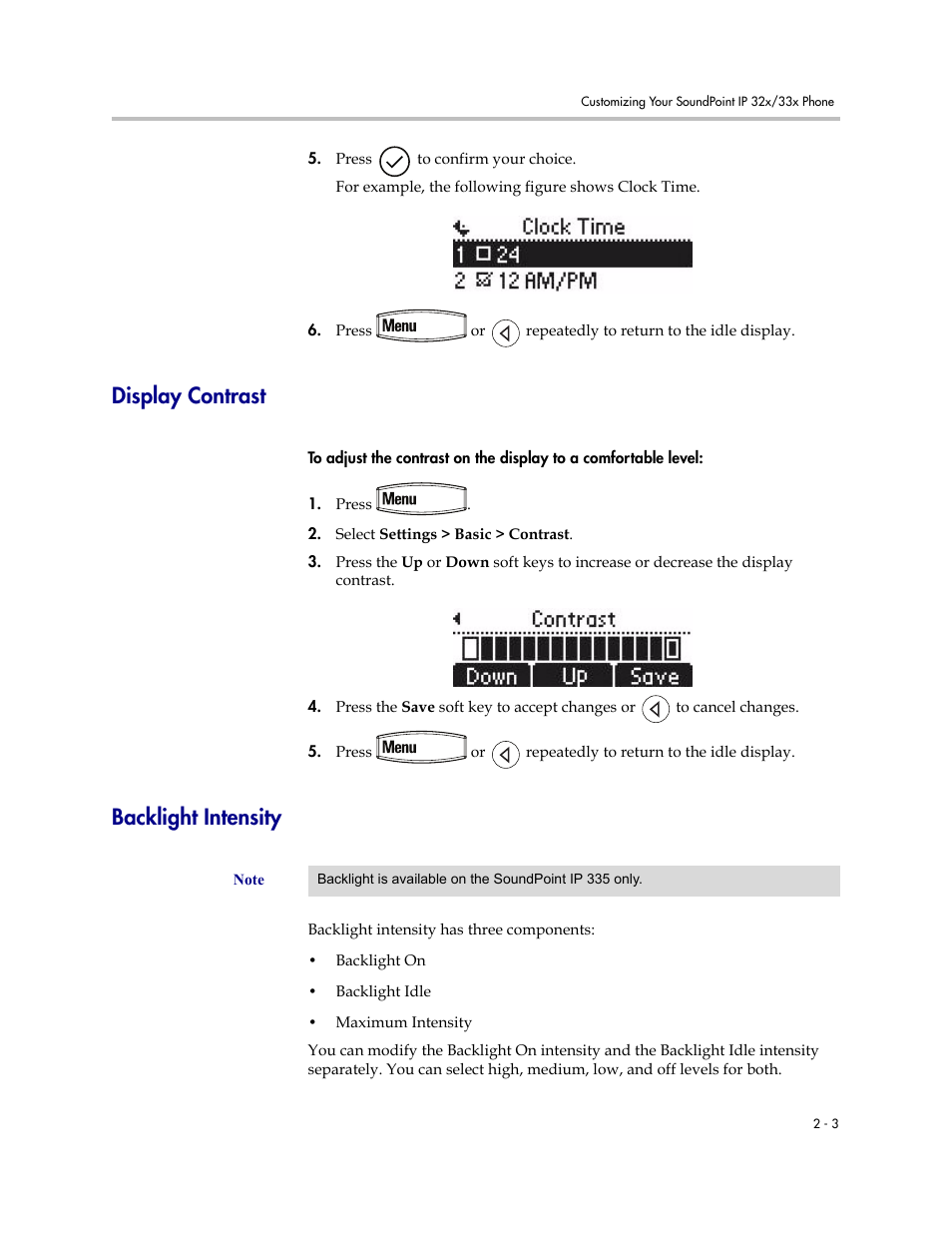 Display contrast, Backlight intensity, Display contrast –3 backlight intensity –3 | PYLE Audio SOUNDPOINT IP SIP 3.2.1 User Manual | Page 25 / 96