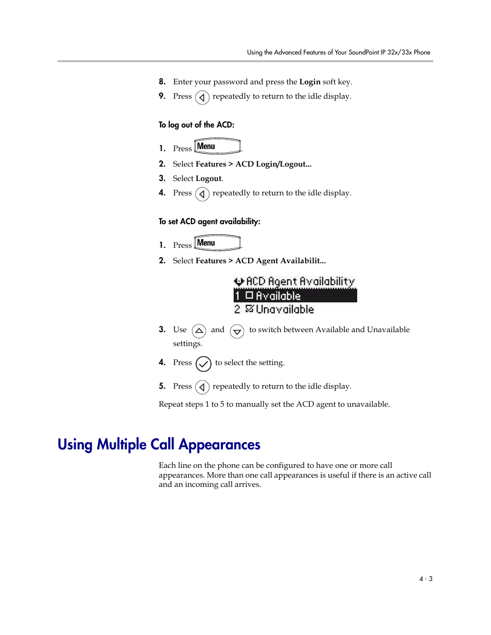 Using multiple call appearances, Using multiple call appearances –3, To set acd agent availability | PYLE Audio SOUNDPOINT IP SIP 3.2.1 User Manual | Page 67 / 96