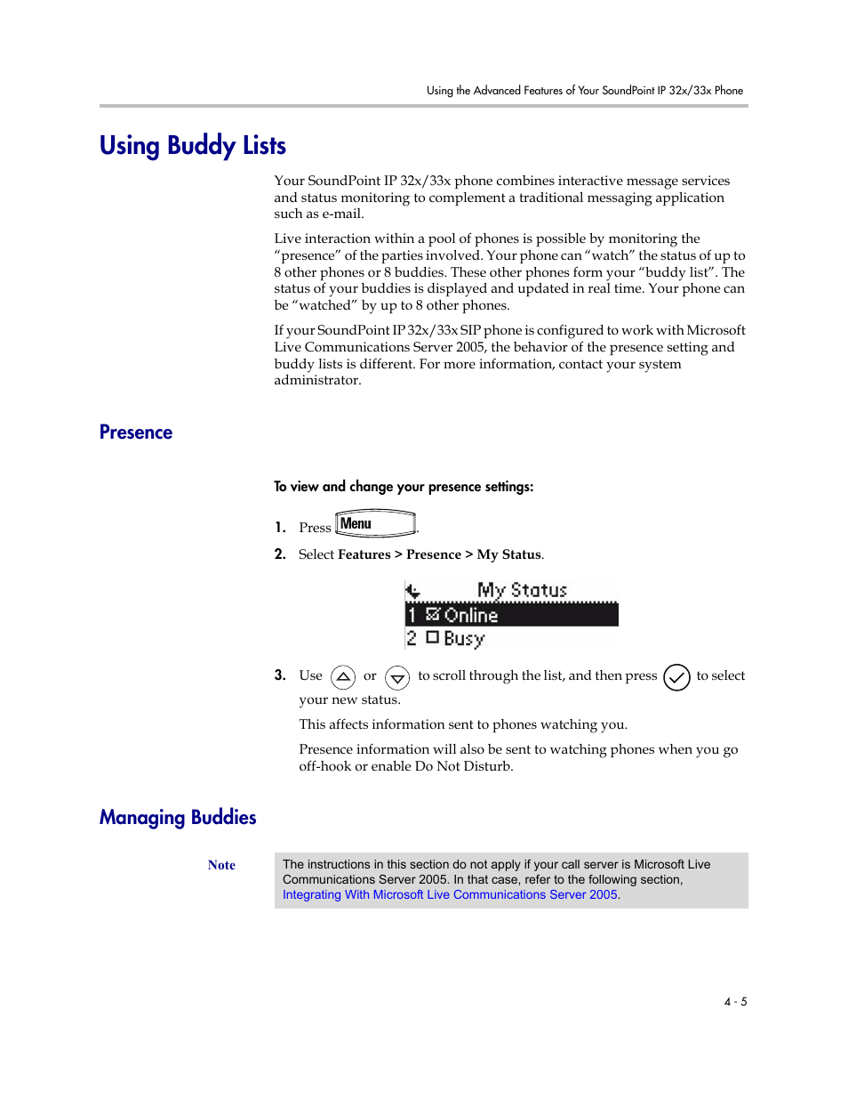 Using buddy lists, Presence, Managing buddies | Using buddy lists –5, Presence –5 managing buddies –5 | PYLE Audio SOUNDPOINT IP SIP 3.2.1 User Manual | Page 69 / 96