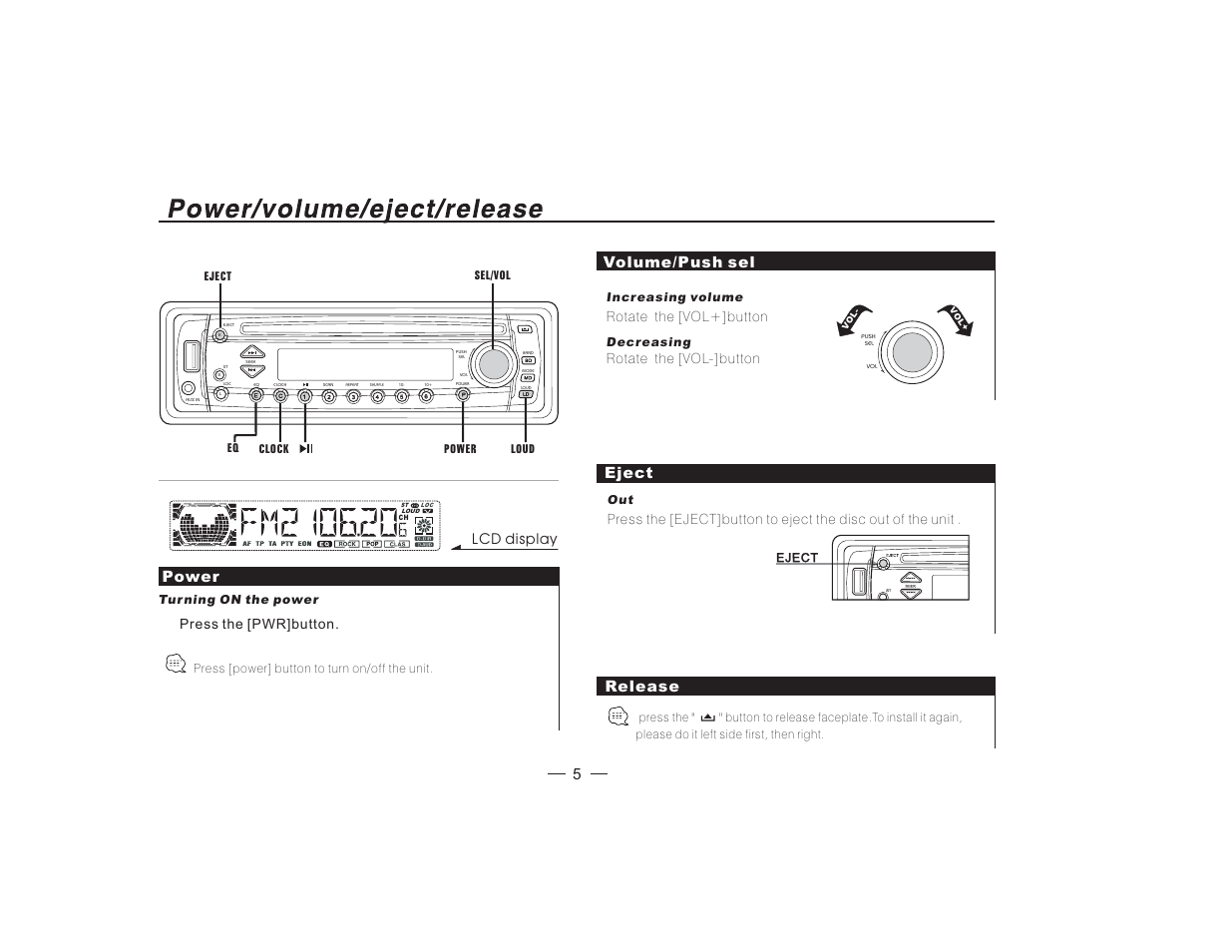 Power, Volume/push sel, Eject | Release, Lcd display, Press the [pwr]button, Rotate the [vol+]button, Rotate the [vol-]button | PYLE Audio PLCDUSMP74 User Manual | Page 6 / 16