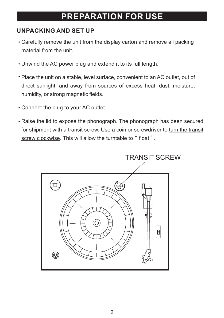 Preparation for use, Transit screw | PYLE Audio PYLEPRO VINTAGE PVNTT6UM User Manual | Page 3 / 16