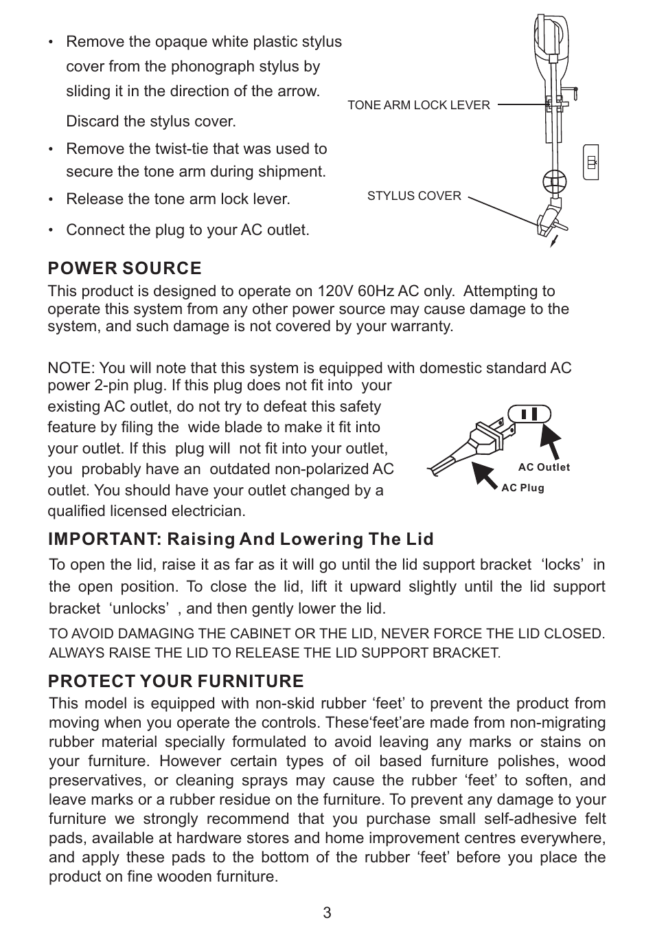 Power source, Important: raising and lowering the lid, Protect your furniture | PYLE Audio PYLEPRO VINTAGE PVNTT6UM User Manual | Page 4 / 16