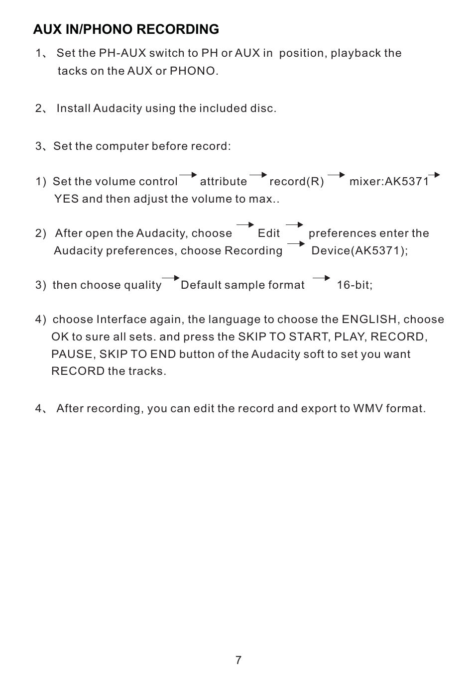 Aux in/phono recording | PYLE Audio PYLEPRO VINTAGE PVNTT6UM User Manual | Page 8 / 16