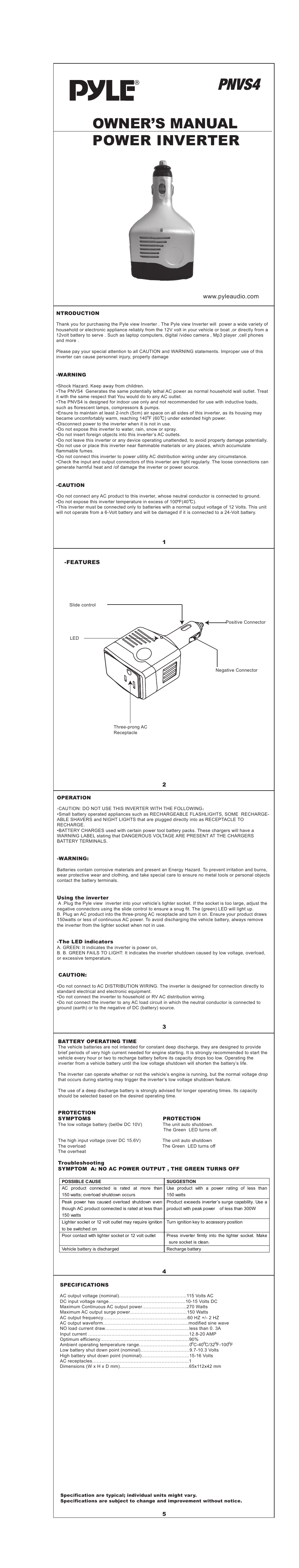 PYLE Audio Power Inverter PNVS4 User Manual | 1 page