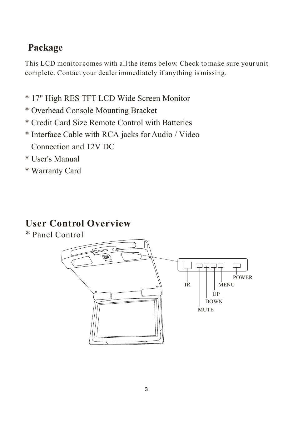 Package, User control overview | PYLE Audio PLVW1770IR User Manual | Page 4 / 11