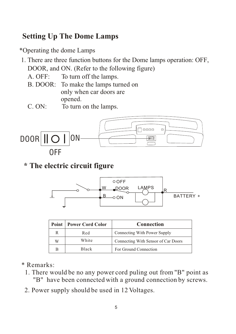 Setting up the dome lamps, On door off, The electric circuit figure | PYLE Audio PLVW1770IR User Manual | Page 6 / 11