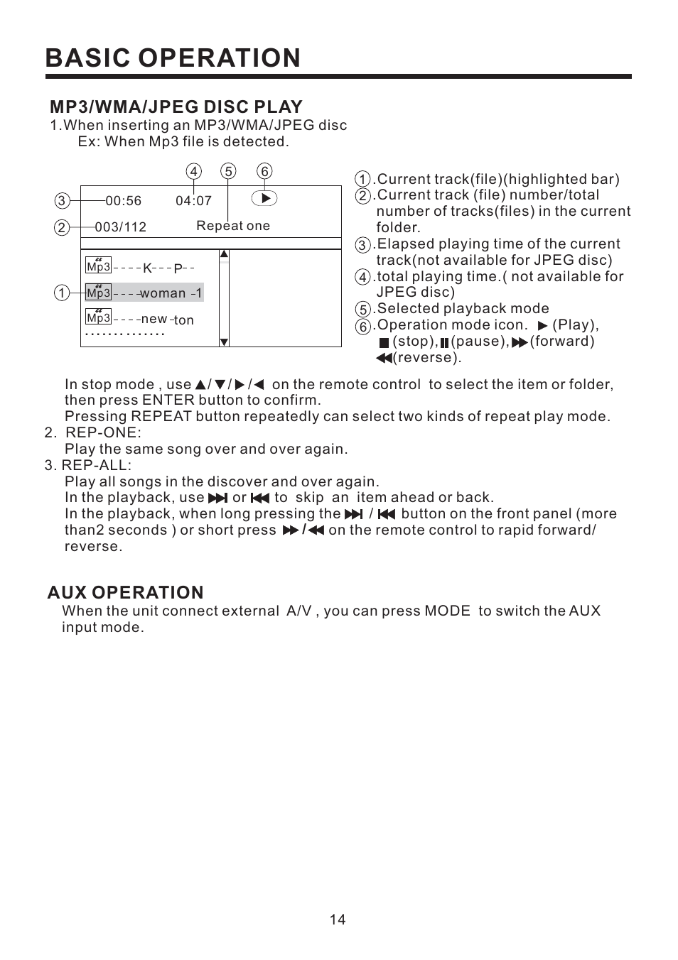 Basic operation, Aux operation, Mp3/wma/jpeg disc play | PYLE Audio PLD193T User Manual | Page 15 / 24