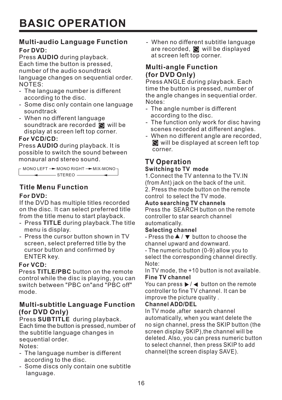 Basic operation, Tv operation | PYLE Audio PLD193T User Manual | Page 17 / 24