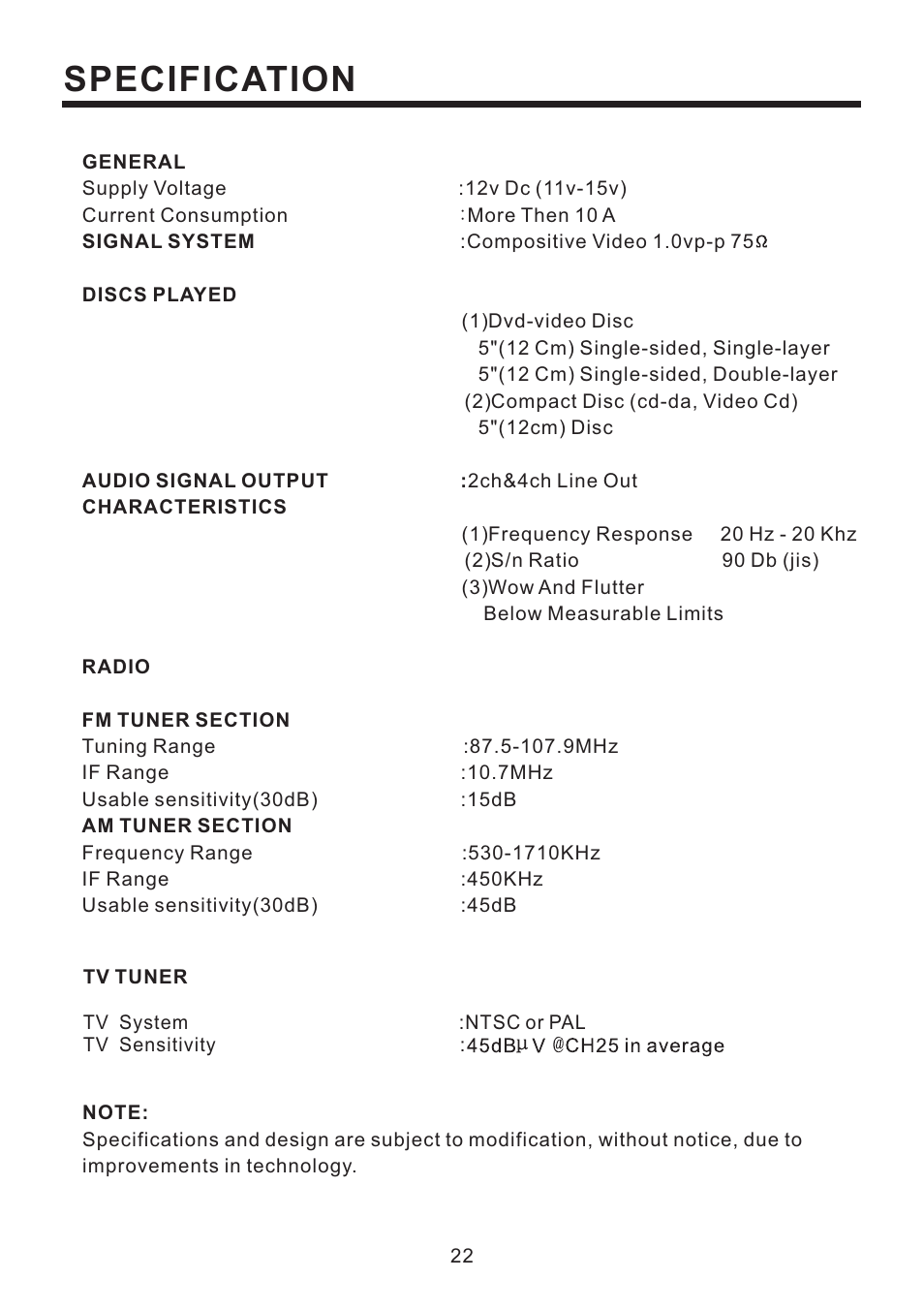 Specification | PYLE Audio PLD193T User Manual | Page 23 / 24
